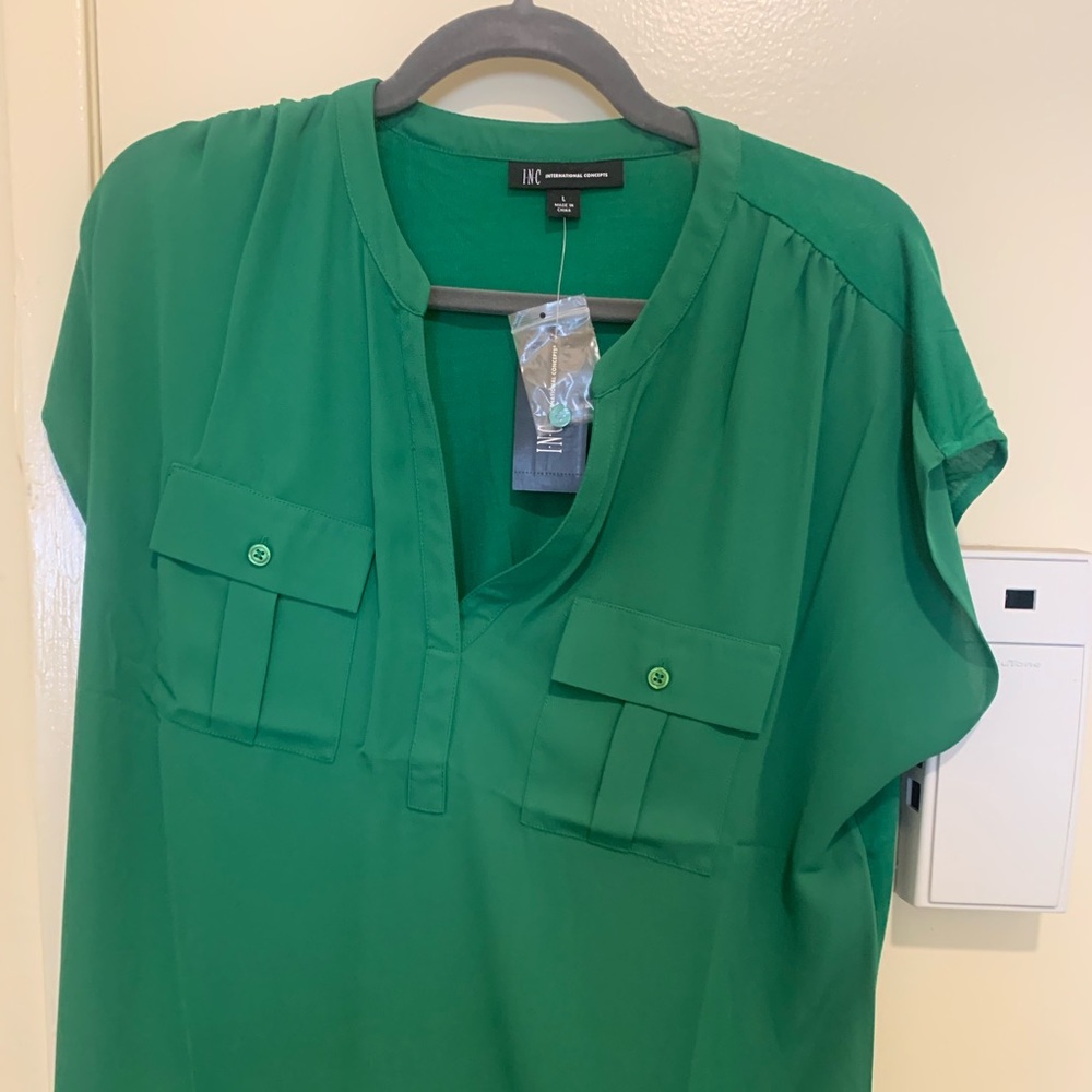 INC Emerald Green Cap Sleeve Blouse Women’s Size L Utility Blouse